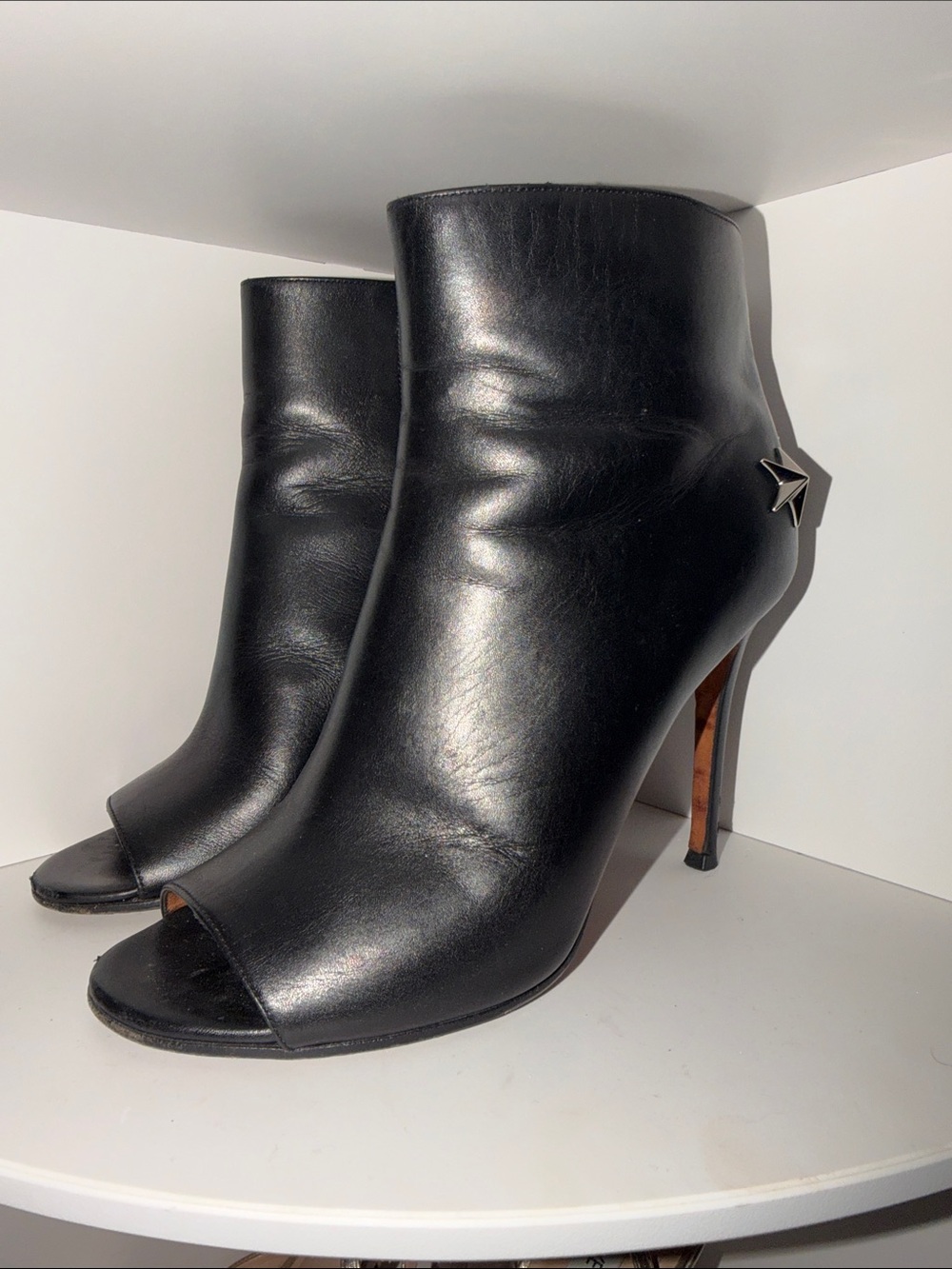 Givenchy Black Leather Peep-Toe Ankle Booties with Star Accent